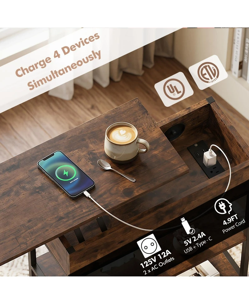 Sugift Lift Top End Table with Hidden Charging Station and Lockable Universal Wheels