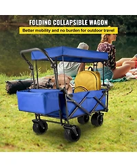 Mountaintop Extra Large Collapsible Garden Cart with Canopy, Rear Storage, Blue Foldable Wagon for Garden, Camping, Grocery, Shopping