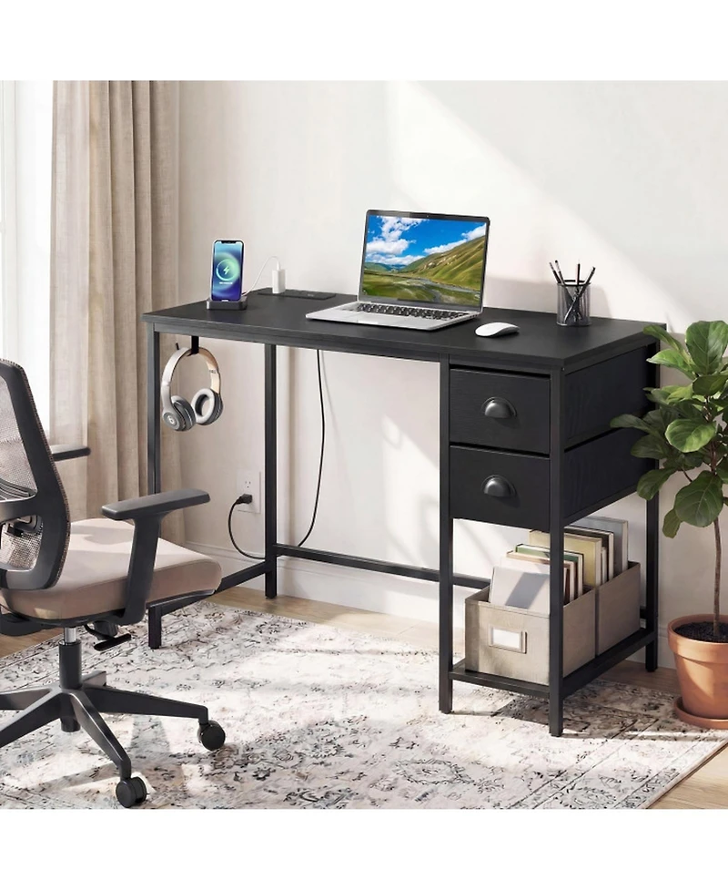 Sugift Computer Desk With Charging Station and 2 Fabric Drawers for Small Spaces