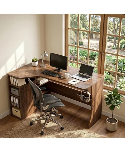 homfan L Shaped Desk with Storage Shelves, Reversible Small Corner Desk for Small Spaces, Compact Home Office Desk for Writing, Study, Gaming