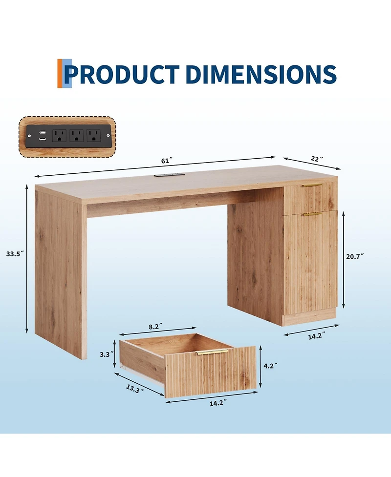 homfan 61" Farmhouse Executive Desk with Power and Usb, Drawers, Fluted Cabinet, Adjustable Shelf