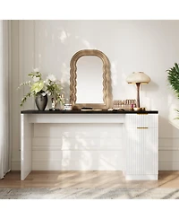 homfan 61" Farmhouse Executive Desk with Power and Usb, Drawers, Fluted Cabinet, Gold Handles, Adjustable Shelf