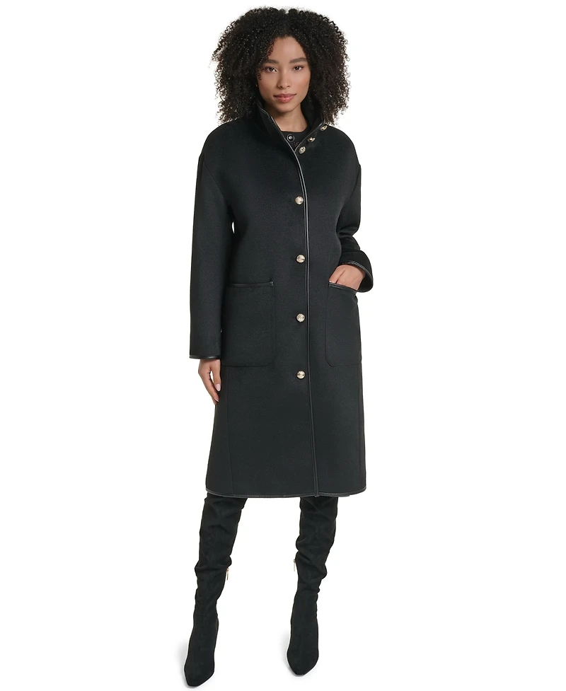 Karl Lagerfeld Paris Womens Double Faced Faux-Leather Trimmed Funnel Neck Coat
