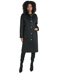 Karl Lagerfeld Paris Womens Double Faced Faux-Leather Trimmed Funnel Neck Coat
