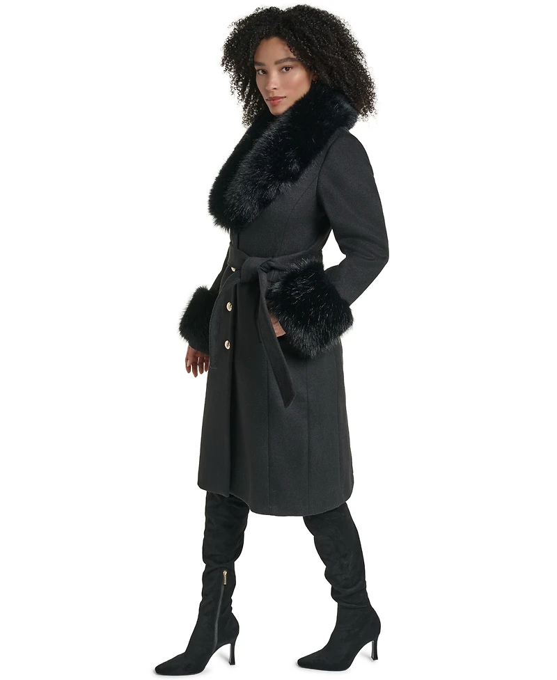 Karl Lagerfeld Paris Women's Fur Trimmed Single Breasted Long Wool Coat