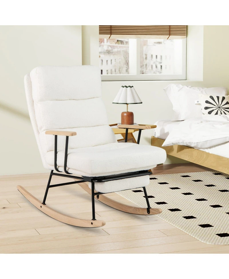 Sugift Nursery Rocking Chair with Adjustable Backrest Retractable Footrest and Teddy Velvet Upholstery