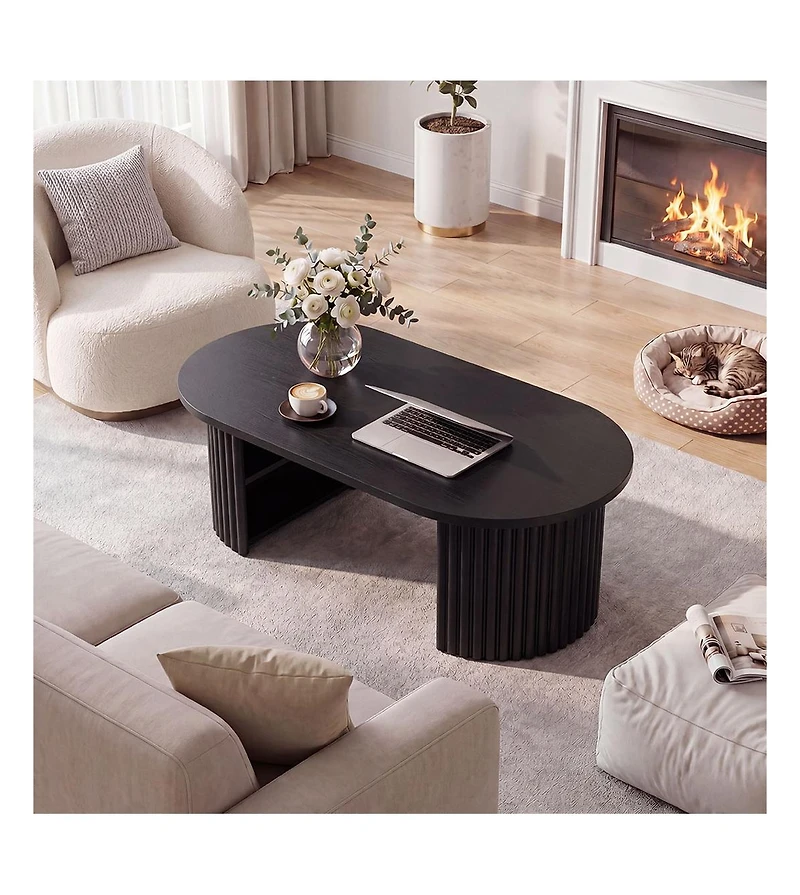 Gaomon Living Room Furniture Set of 2 Fluted Console Table 59" and Oval Coffee Table 39" Mid Century Modern Wood Entryway Sofa Table with Open Shelf