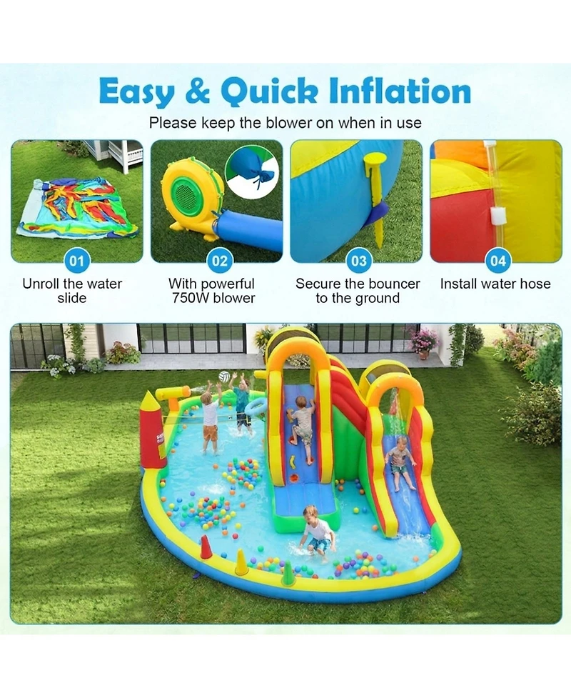 Sugift Inflatable Water Slide Park with 2 Long Slides, 258.5" x 184" x 90.5", 750W Air Blower, Ages 3-12