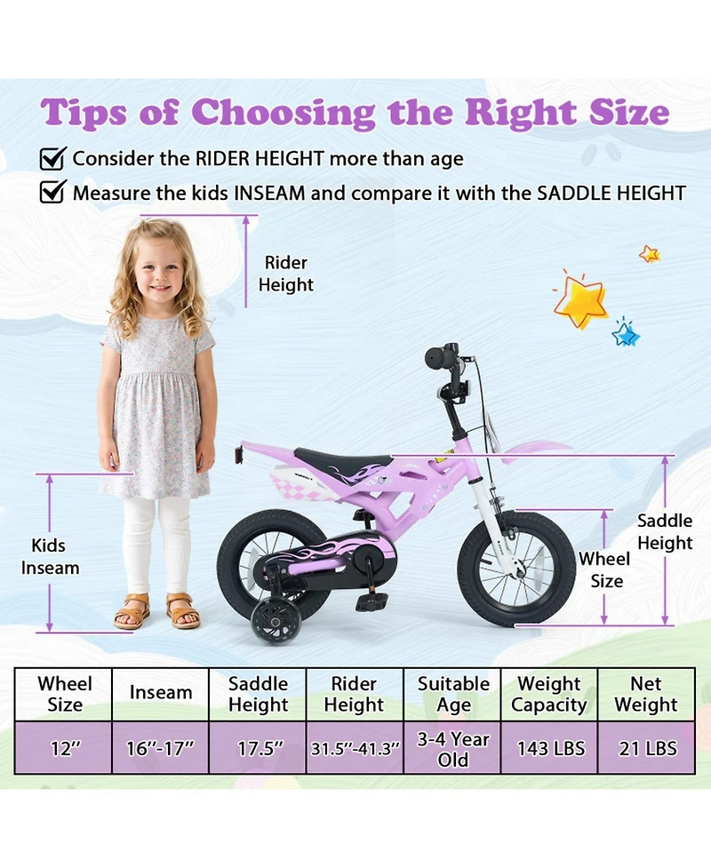 Sugift Kids' 12-Inch Motorcycle-Inspired Bike with Detachable Training Wheels, Ages 3-4