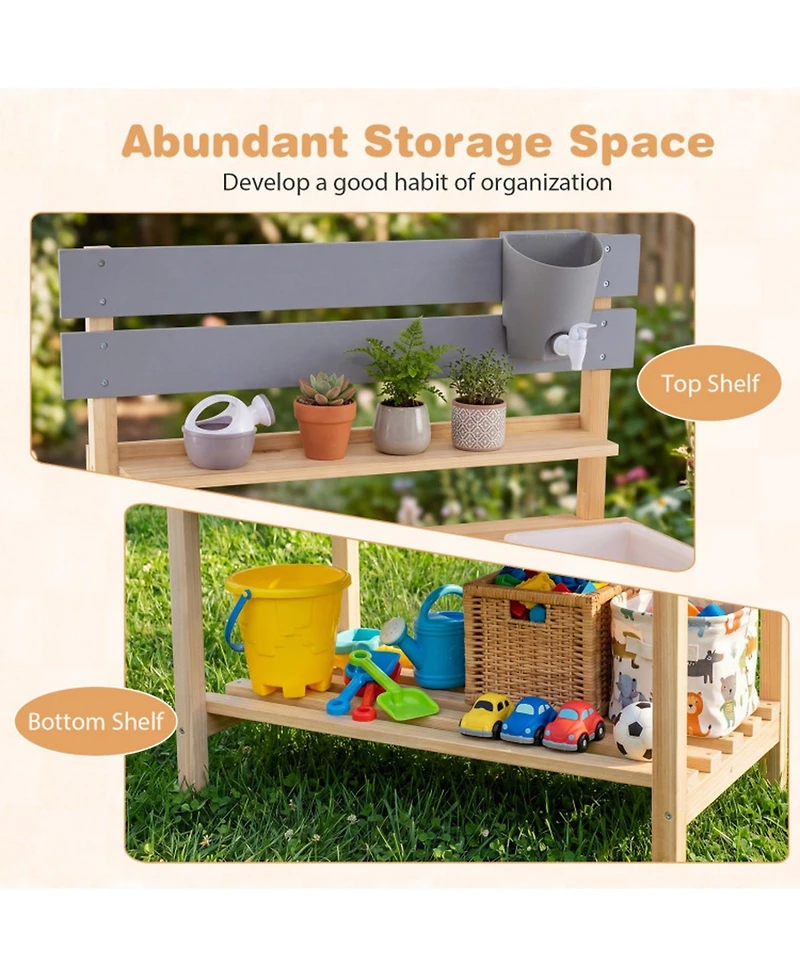 Sugift Outdoor Mud Kitchen with Pullout Tabletop and 2 Sinks, Ages 3+