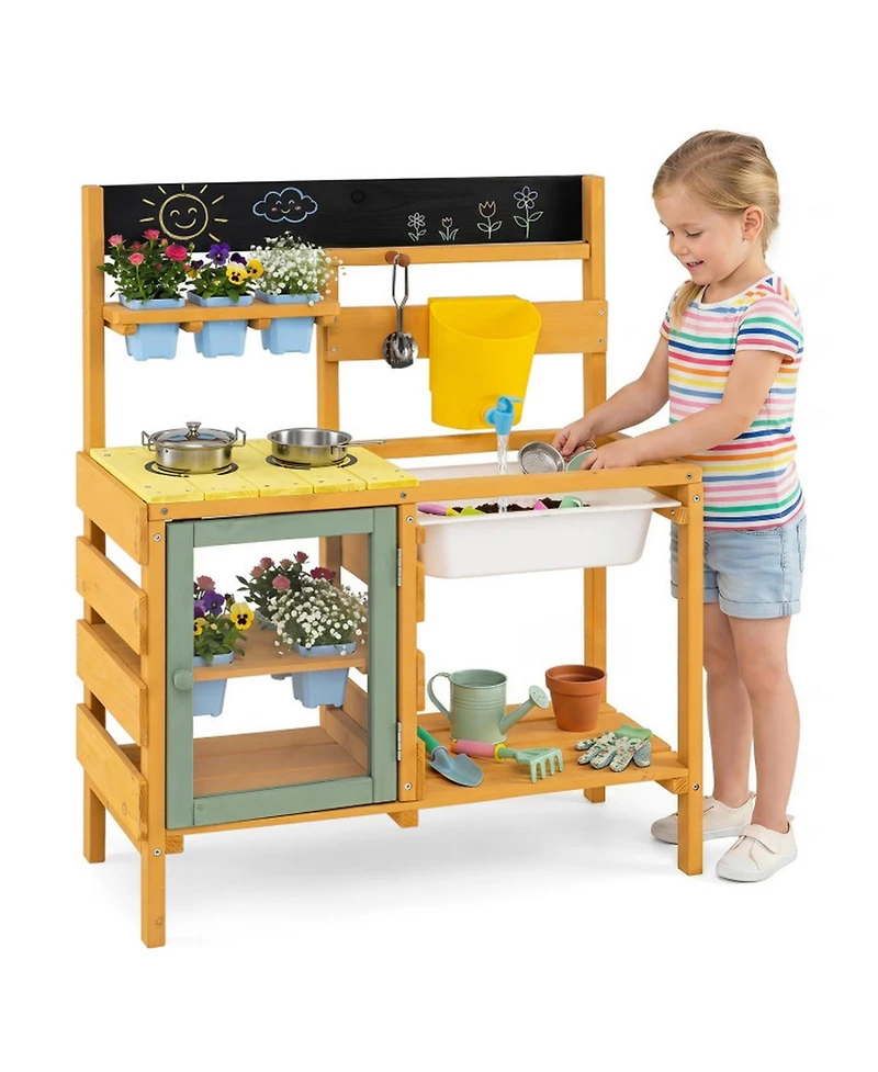Sugift Wooden 13-Piece Mud Kitchen with Water Tank, Faucet, and 2 Stoves, Ages 3+