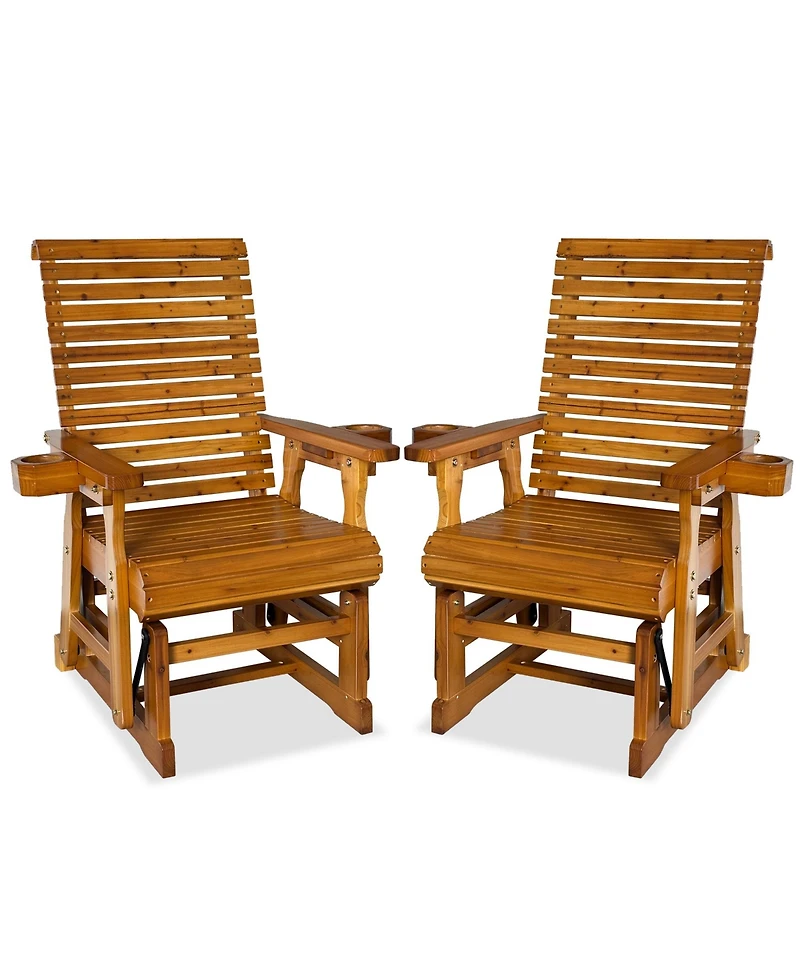 Mega Casa Solid Wood Outdoor Glider Chair, All-Weather High Back Patio Rocker with Dual Cup Holders