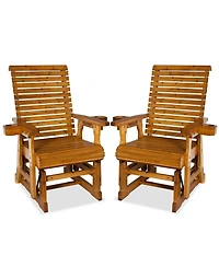 Mega Casa Solid Wood Outdoor Glider Chair, All-Weather High Back Patio Rocker with Dual Cup Holders