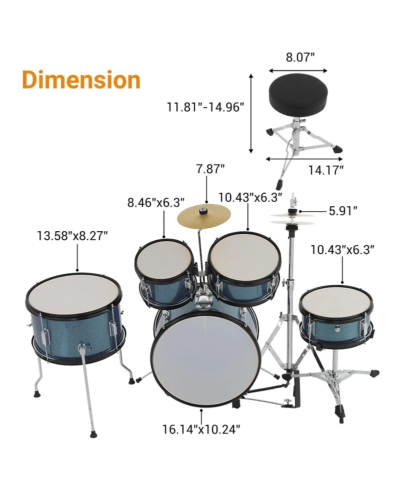 homfan Kids Drum Set - 5-Piece Junior Percussion Kit with Bass, Snare, Toms, Hi-Hat, Cymbal, Pedal and Adjustable Stool, Hardwood Construction