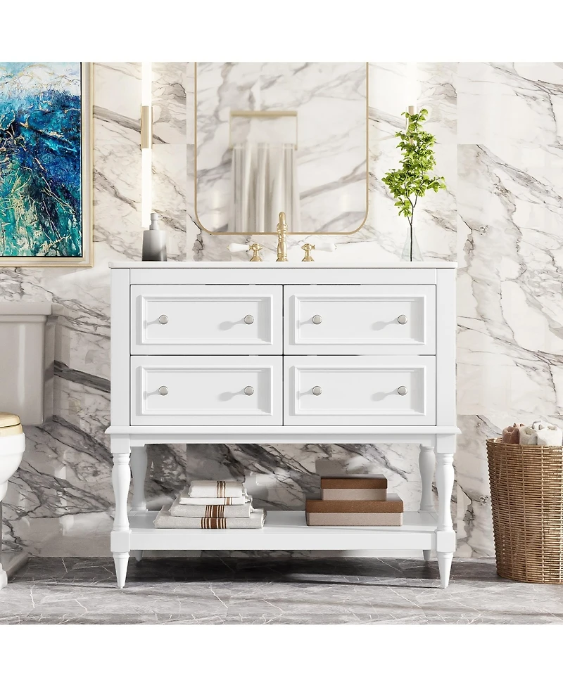 Busdays 36 Inch Bathroom Vanity with Undermount Ceramic Sink 4 Drawers Solid Wood Frame Free Standing Cabinet Set