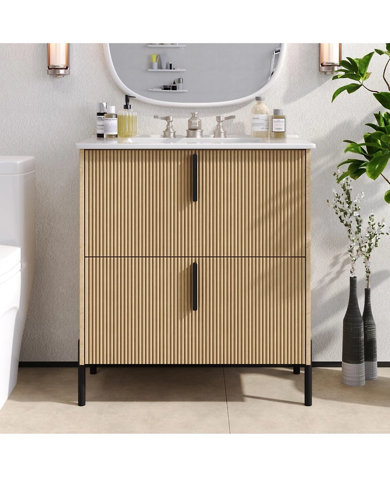 Busdays 30 Inch Bathroom Vanity Ceramic Sink Full Extension Soft Close Drawers Fluted Design Undermount Slides