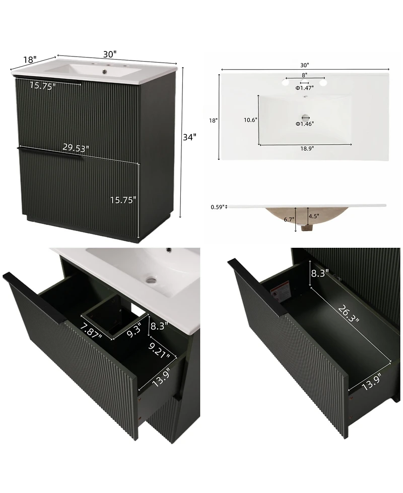 Busdays 30 Inch Bathroom Vanity with Ceramic Sink Full Extension Drawers Soft Close Undermount Slides Fluted Design