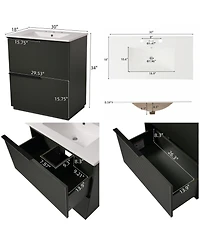 Busdays 30 Inch Bathroom Vanity with Ceramic Sink Full Extension Drawers Soft Close Undermount Slides Fluted Design