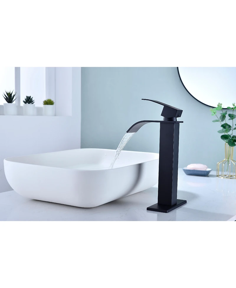 Busdays Waterfall Spout Single Handle Bathroom Sink Faucet with Pop Up Drain No Overflo