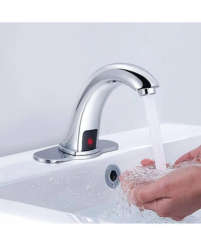 Busdays Automatic Sensor Touchless Bathroom Sink Faucet with Deck Plate Chrome Vanity Faucet Hands Free Hot Cold Water Mixer
