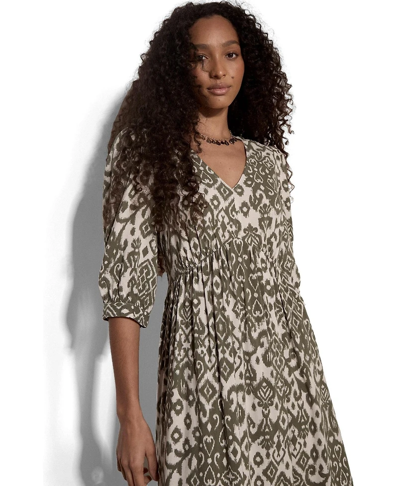 Apricot Women's Tapestry Ikat Midi V-Neck 3/4 Sleeve Dress