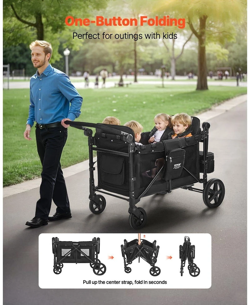 Mountaintop Wagon Stroller for 4 Kids, Adjustable Handle,5-Point Harness, Removable Canopy,330LBS, Camping