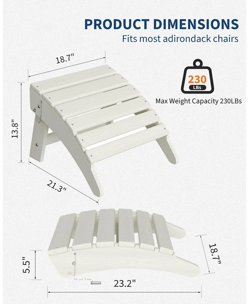 homfan Folding Adirondack Chair and Ottoman Hdpe All-Weather Outdoor Chair for Deck, Garden or Backyard