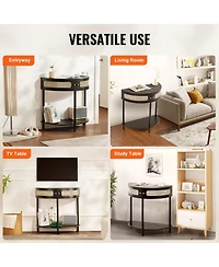 Slickblue Half Circle Console Table with Rattan Door, 2 Drawers, Accent Storage Table for Entryway