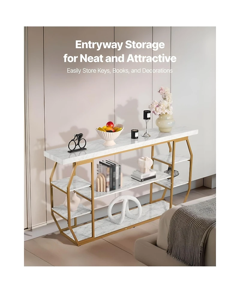 Slickblue Geometric Console Table with Marble Shelves, 3-Tier Open Storage Table for Hallway and Foyer