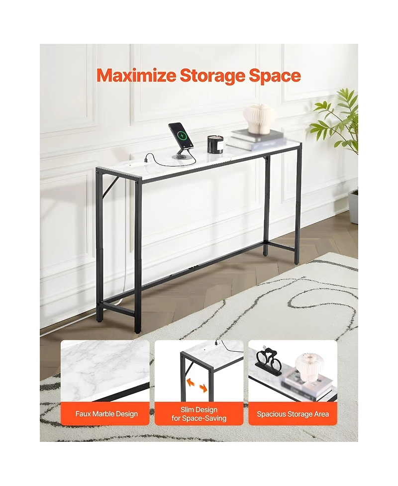 Slickblue Slim Marble Console Sofa Table with Charging Station, Triangular Support, Entryway Furniture
