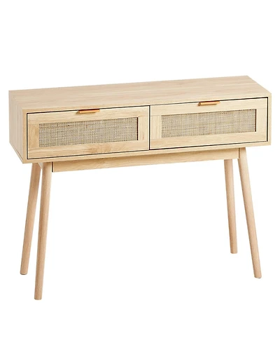 Slickblue Storage Console Table with Rattan Panels and 2 Drawers, Entryway Table for Living Room and Hallway- Wood Color