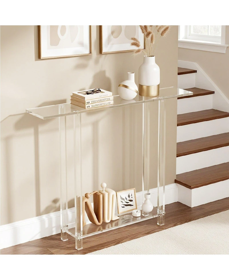 Slickblue Modern Clear Acrylic Console Table with Bottom Storage Shelf, Slim Side Desk for Foyer Hallway