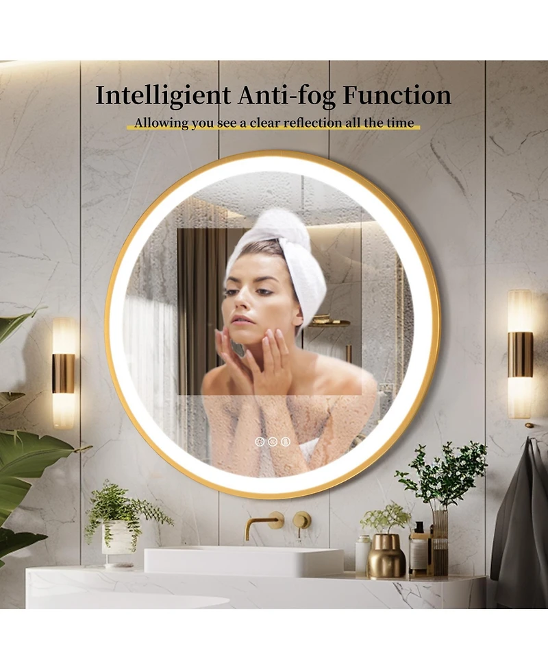 Luvodi 24" Round Metal Framed Lighted Mirror Anti-Fog for Bathroom
