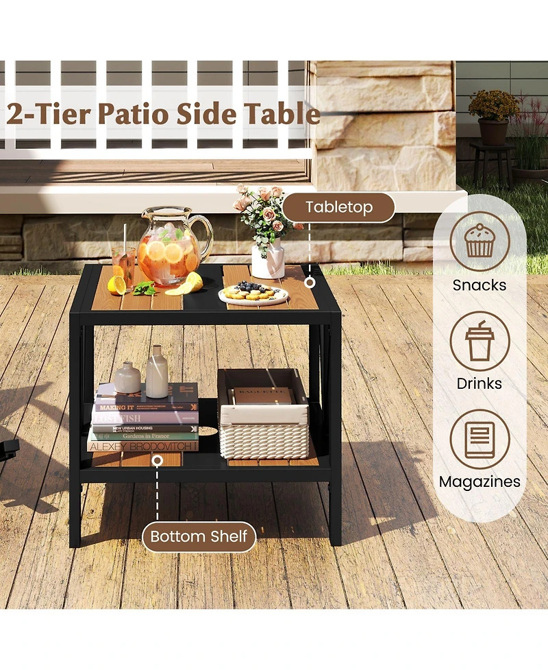 Gymax Outdoor Side Table 2-Tier Coffee End Table w/ 1.57'' Umbrella Hole Storage Shelf