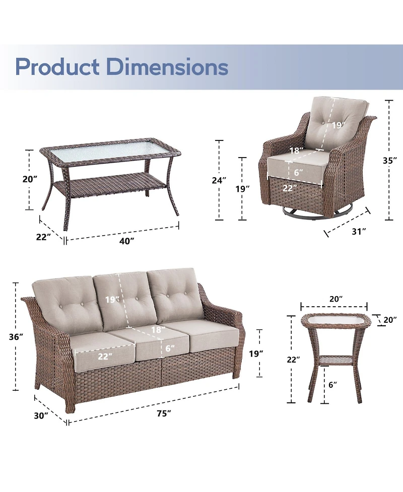Pocassy 5 Piece Patio Furniture Set Outdoor Conversation Sofa with 6inch Thick Cushions Lounge