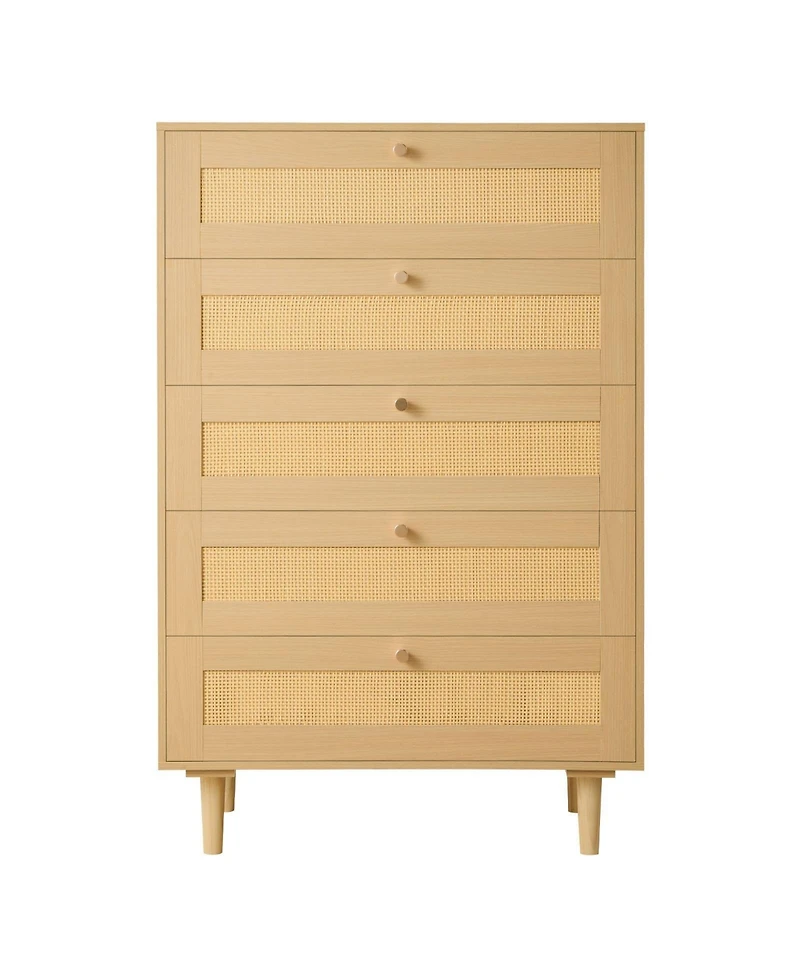 Slickblue 5 Drawer Rattan Dresser with Storage for Bedroom and Hallway