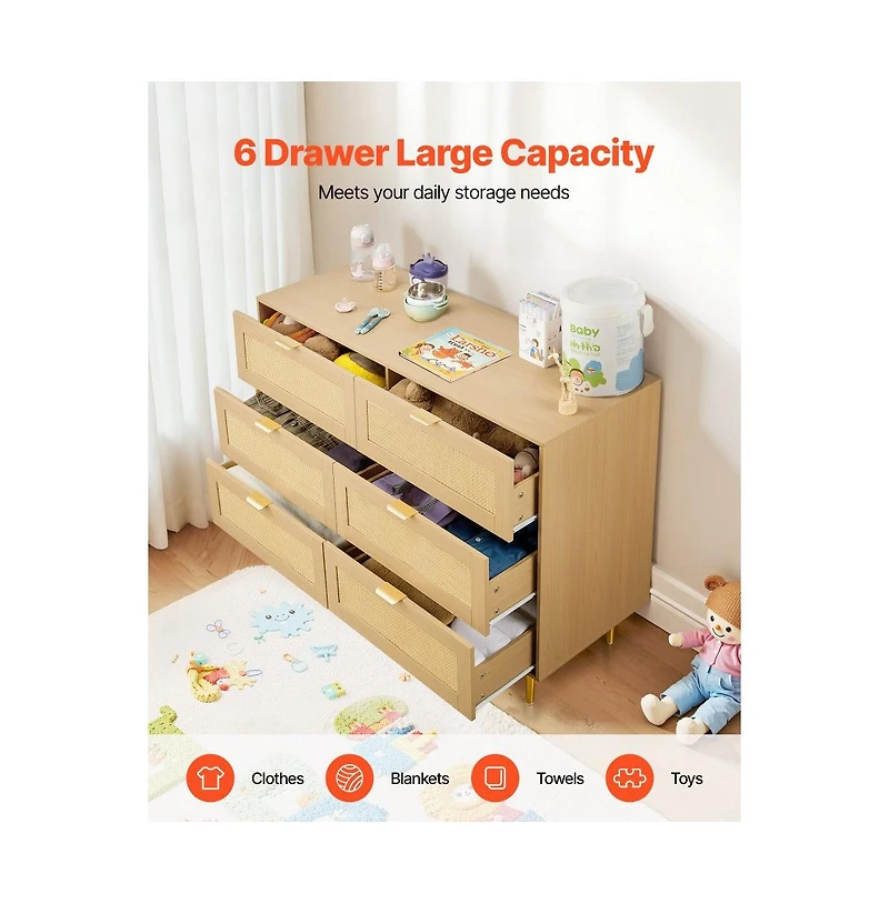 Slickblue Modern Rattan Double Dresser with 6 Drawer Storage Cabinet