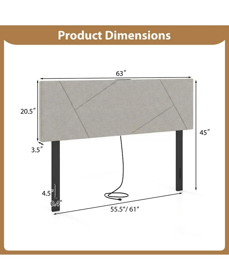 Sugift Geometric Upholstered Headboard for Full and Queen Size Bed with Charging Station
