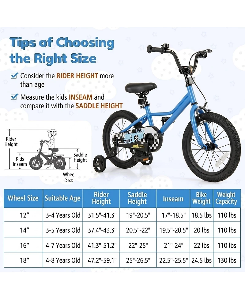 Hongge 16-Inch Kids Bike with Carbon Steel Frame, Coaster and Hand Brakes, Complete Protective Set, 100 lb Capacity, Ages 4-7