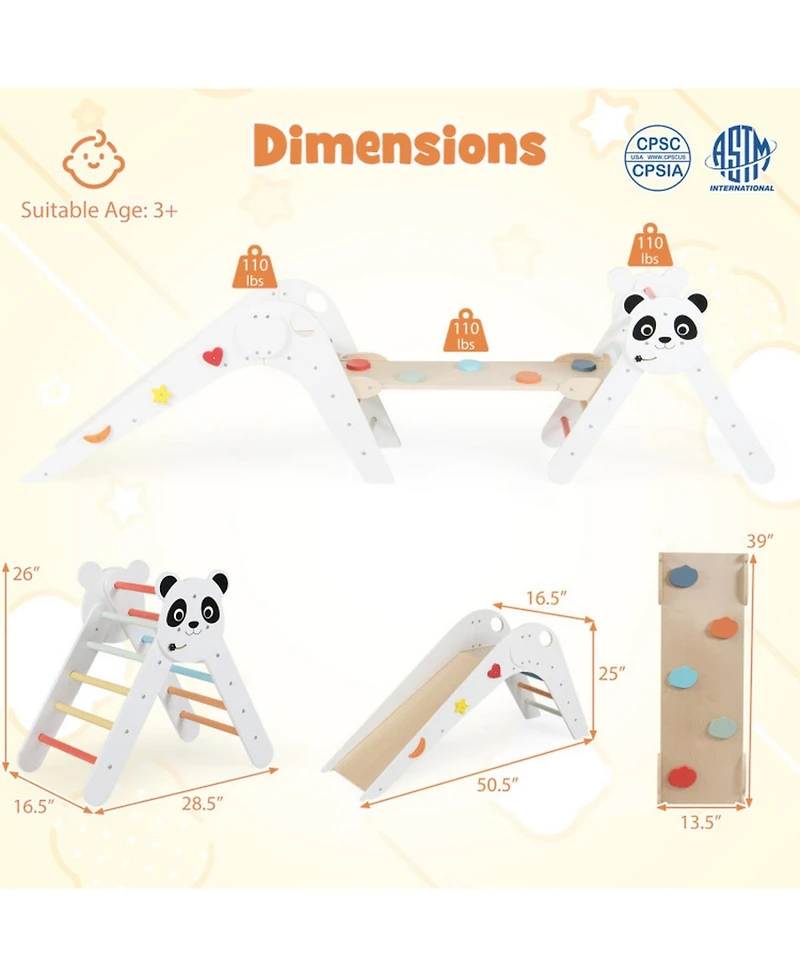 Hongge Ages 3+ Montessori Foldable 3-Piece Climbing Triangle, Slide, and Balance Bridge Set