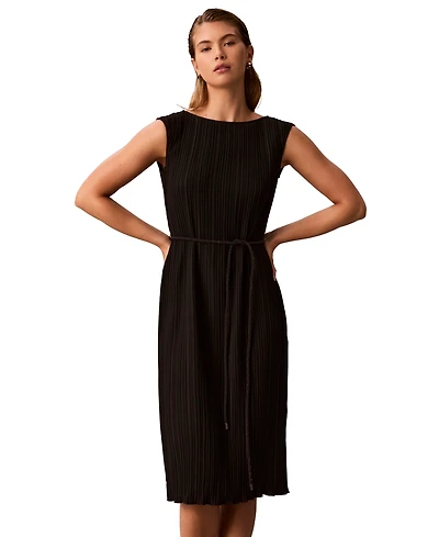 Calvin Klein Women's Belted Pleated Boat Neck Midi Dress