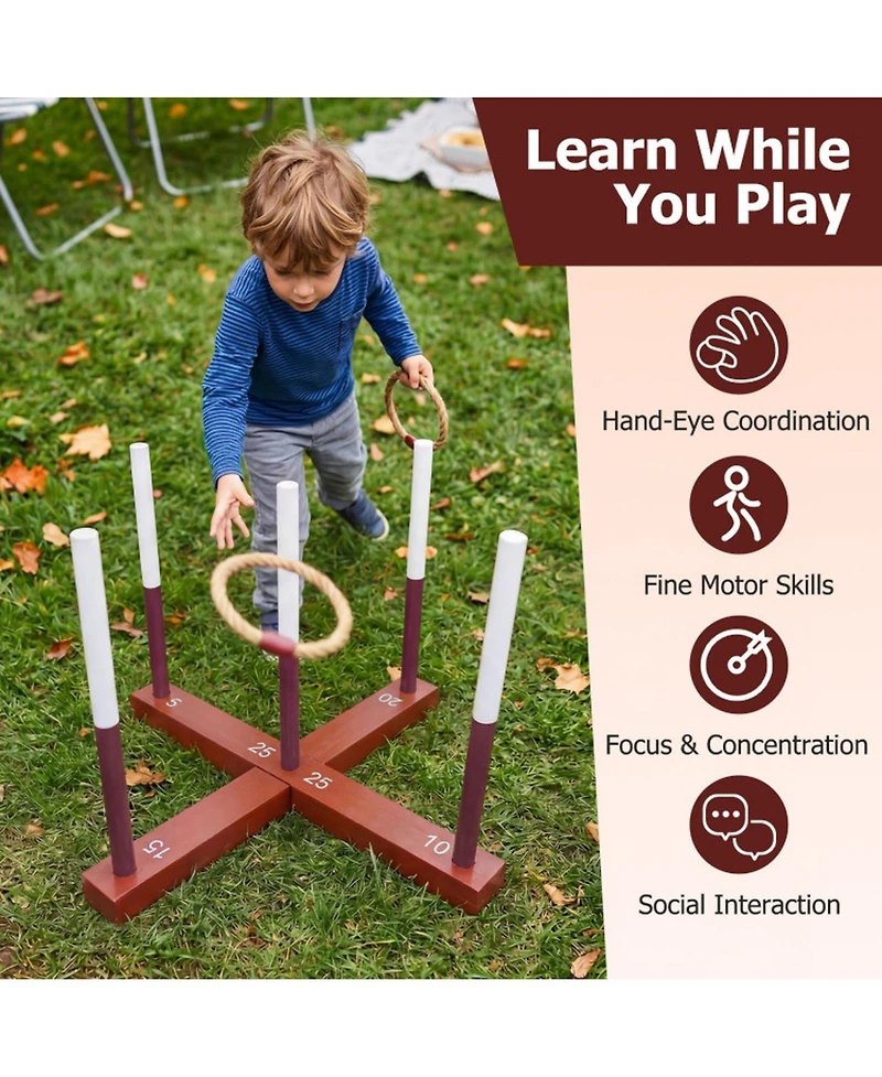Hongge Wooden Ring Toss 24" x 24" Tool-Free Setup Yard Game with 6 Rope Rings and Storage Bag, Ages 3+