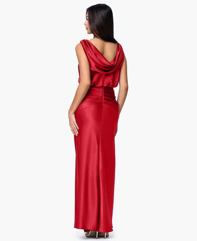 Betsy & Adam Plus Ruched Cowl Neck Sleeveless Gown