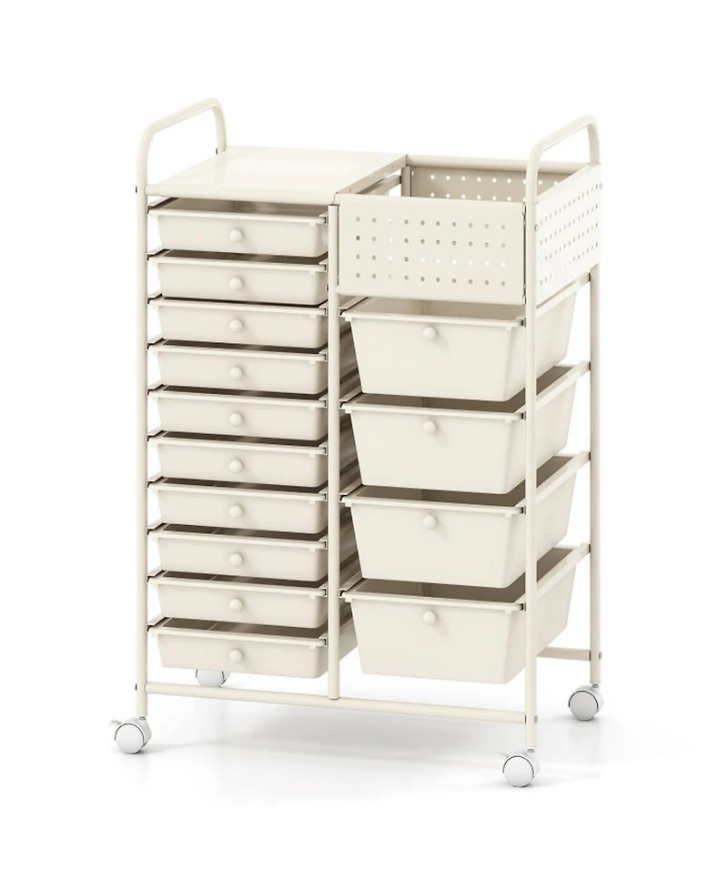 Sugift 14-Drawer Rolling Storage Cart with Metal Tabletop and Pegboard