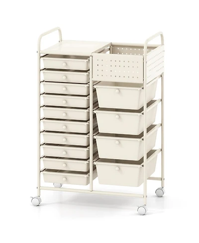 Sugift 14-Drawer Rolling Storage Cart with Metal Tabletop and Pegboard