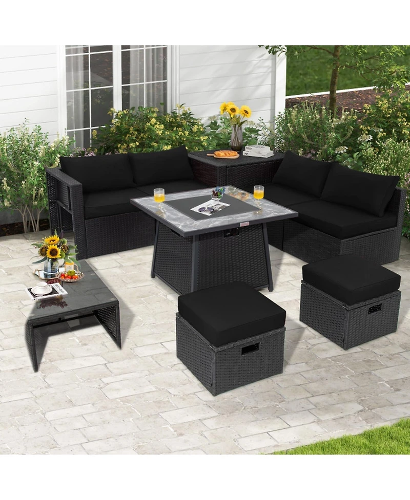 Gouun 9 Piece Outdoor Wicker Sectional Conversation Set with 35 50000 Btu Gas Fire Pit Table