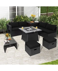 Gouun 9 Piece Outdoor Wicker Sectional Conversation Set with 35 50000 Btu Gas Fire Pit Table