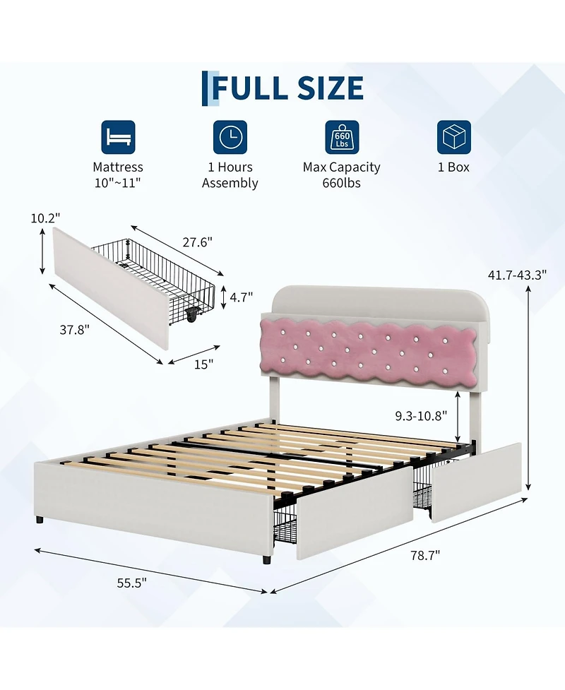 homfan Sandwich Cookie Style Princess Bed Frame, Upholstered with Storage Headboard and 2 Drawers, No Box Spring Needed