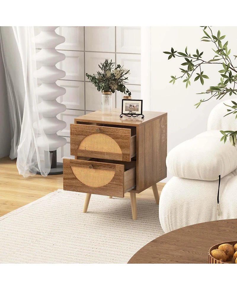 Costway 2 Pieces Rattan Nightstand with 2 Drawers Solid Wood Legs Compact Wood Coffee Table