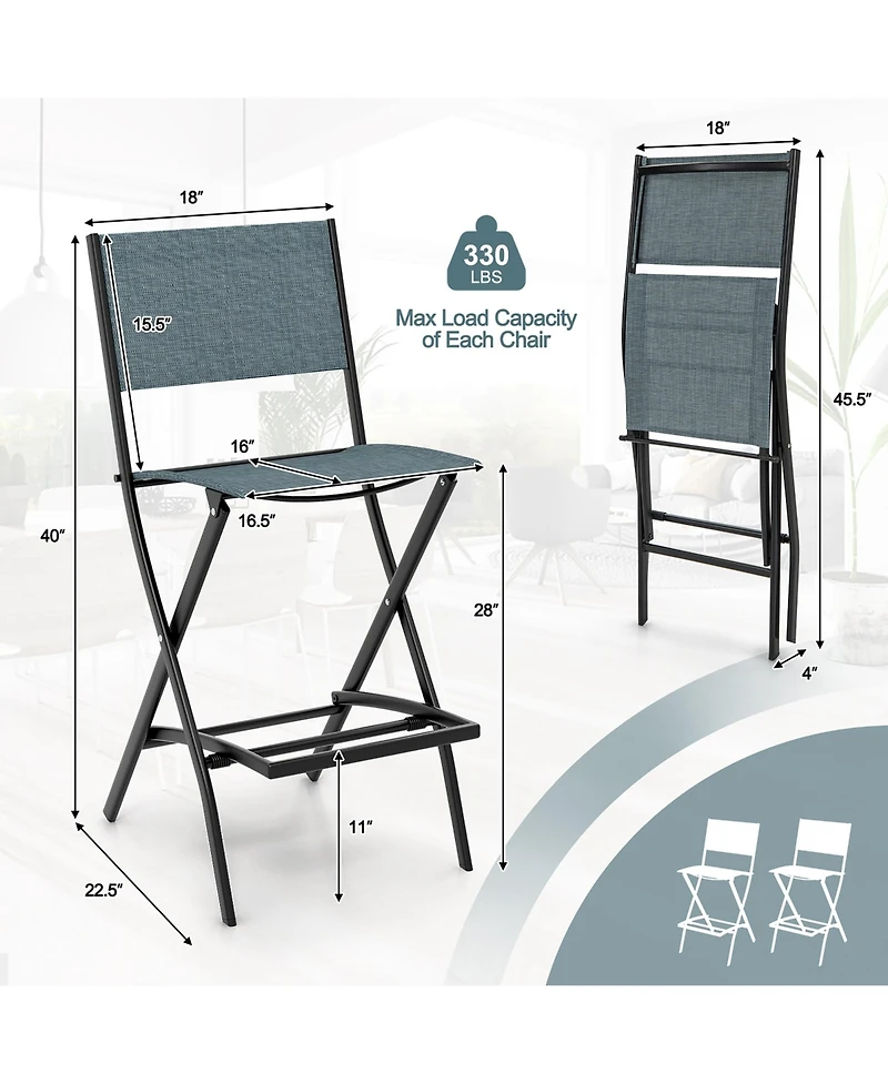 Gymax Folding Bar Stools Set of 2 Patio Sling Chairs with Backrest Humanized Footrest